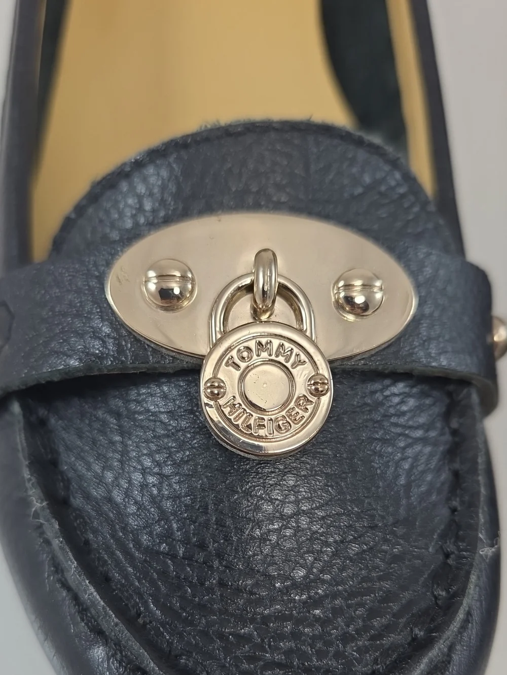 Tommy Hilfiger Black Leather Wedge Loafers with Gold Emblem Size 8.5